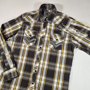 Affliction Shirt Men's Large Black Premium Yellow Brown Plaid